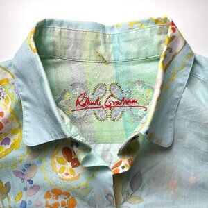 ROBERT GRAHAM Vintage Pastel Teal Cotton Women Blouse/ Paisley & Flower Print M